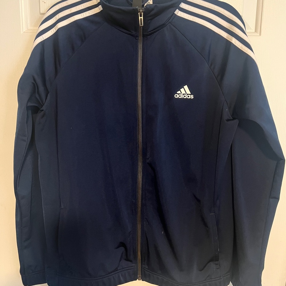 Adidas Tracksuit Set Women’s Large Navy Blue 3 Stripe Jacket and Pants - Picture 2 of 5